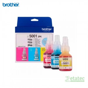 Pack de 3 botellas de tinta original Brother BT5001 en colores cian, magenta y amarillo para impresoras InkBenefit Tank.