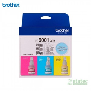 Pack de 3 botellas de tinta original Brother BT5001 en colores cian, magenta y amarillo para impresoras InkBenefit Tank.