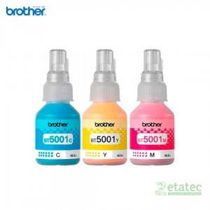 Pack de 3 botellas de tinta original Brother BT5001 en colores cian, magenta y amarillo para impresoras InkBenefit Tank.