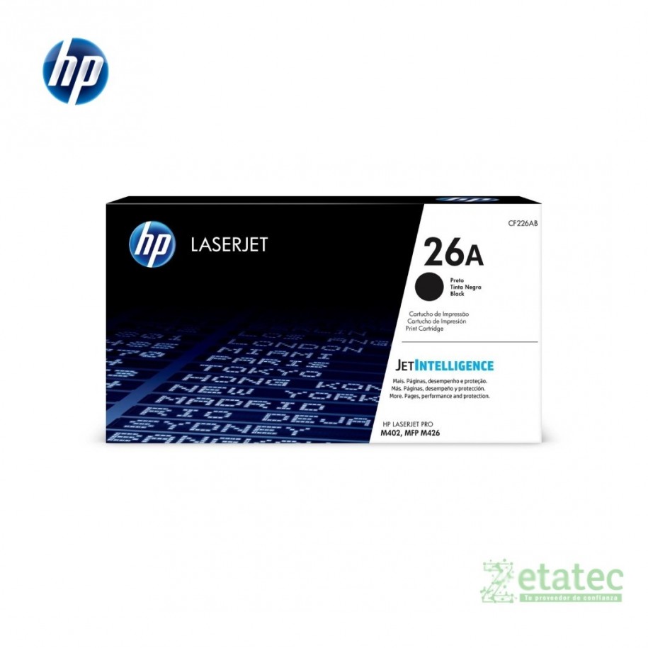 Cartucho de Tóner HP 26A negro con el código de parte CF226A  compatibilidad para impresoras LaserJet Pro M402 y MFP M426.