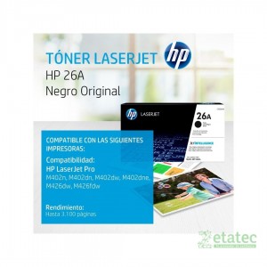 Cartucho de Tóner HP 26A negro con el código de parte CF226A  compatibilidad para impresoras LaserJet Pro M402 y MFP M426.