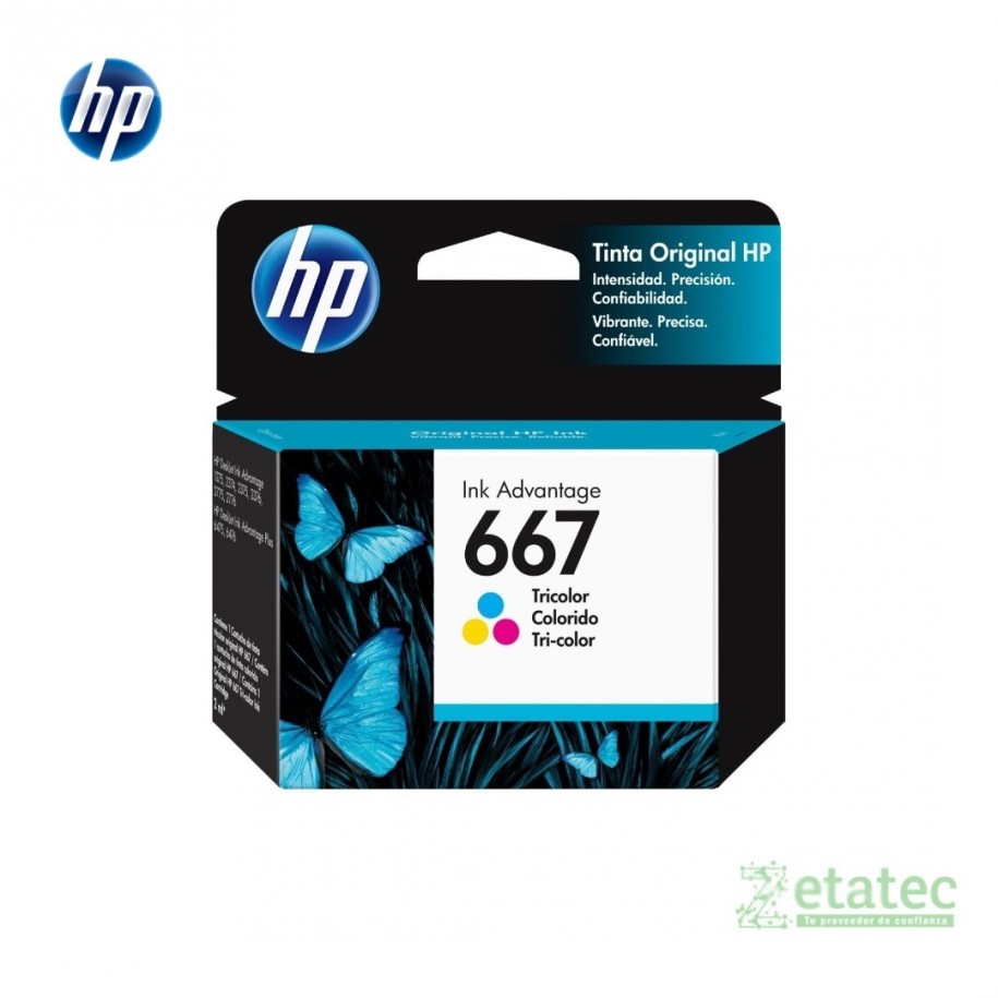 Cartucho original HP 667 tricolor sellado en su empaque original listo para ser instalado.