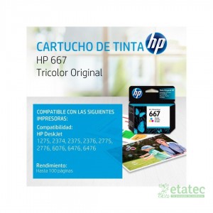 Cartucho original HP 667 tricolor sellado en su empaque original listo para ser instalado.