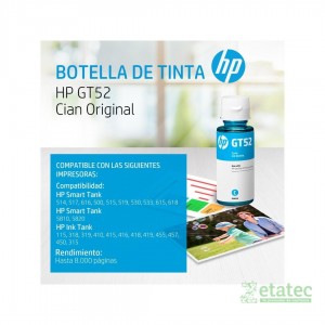 Botella de tinta original HP GT52 cian M0H54AL para sistemas de tinta continuo, insumo de alta productividad.