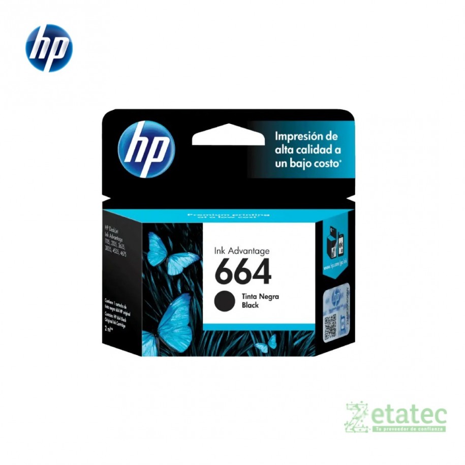 Cartucho de tinta HP 664 negro F6V29AL original en caja sellada de fabrica para impresoras DeskJet Ink Advantage corporativas.