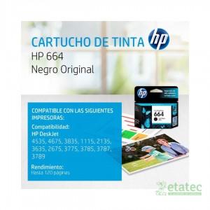 Cartucho de tinta HP 664 negro F6V29AL original en caja sellada de fabrica para impresoras DeskJet Ink Advantage corporativas.