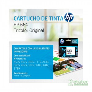 Cartucho de tinta HP 664 tricolor F6V28AL original en empaque sellado para impresoras de oficina DeskJet Ink Advantage.
