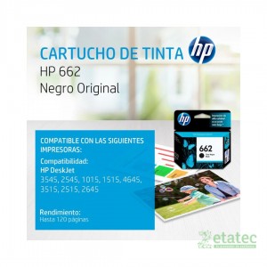 Cartucho de tinta HP 662 negro CZ103AL original en caja sellada de fabrica para impresoras DeskJet Ink Advantage empresariales.