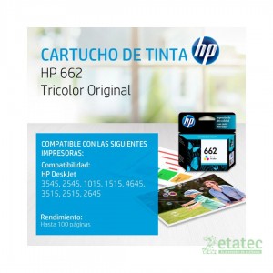 Cartucho de tinta HP 662 tricolor CZ104AL original en empaque sellado para impresoras de oficina DeskJet Ink Advantage.