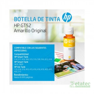 Botella de tinta original HP GT52 amarillo M0H56AL de 70ml en empaque sellado para sistemas de tanque de tinta.