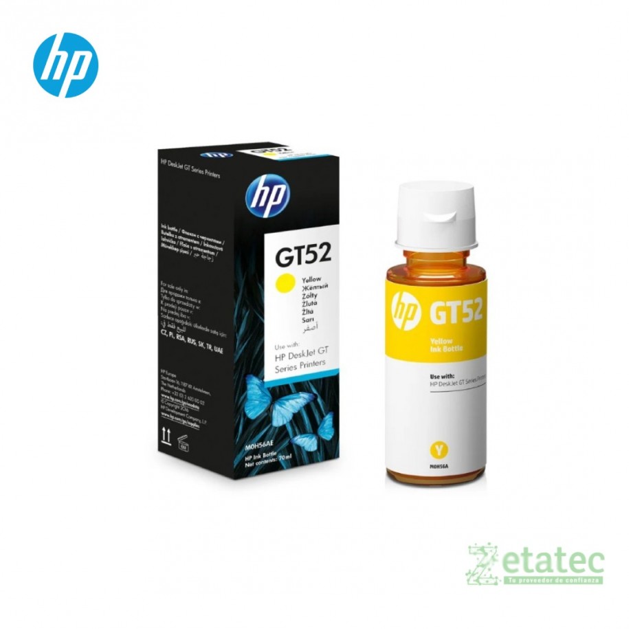 Botella de tinta original HP GT52 amarillo M0H56AL de 70ml en empaque sellado para sistemas de tanque de tinta.