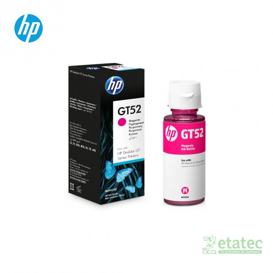 Botella de tinta original HP GT52 magenta M0H55AL de 70ml en empaque sellado para sistemas de tanque de tinta.