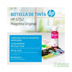 Botella de tinta original HP GT52 magenta M0H55AL de 70ml en empaque sellado para sistemas de tanque de tinta.
