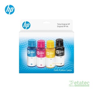 Kit de botellas de tinta original HP GT53 negro y GT52 colores en empaque sellado para sistemas de tanque de tinta.