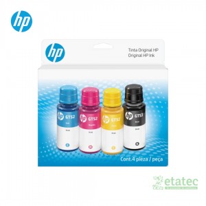 Kit de botellas de tinta original HP GT53 negro y GT52 colores en empaque sellado para sistemas de tanque de tinta.