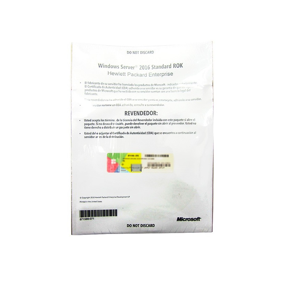Licencia HPE Microsoft Windows Server 2016 Standard P00487-071 OEM ROK 16 Núcleos
