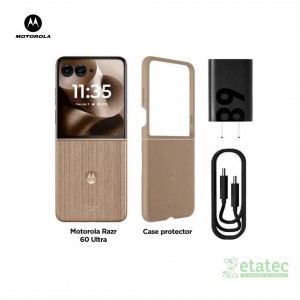 Smartphone Motorola Razr 60 Ultra color marrón con pantalla plegable principal abierta.