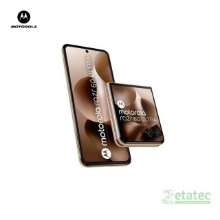 Smartphone Motorola Razr 60 Ultra color marrón con pantalla plegable principal abierta.