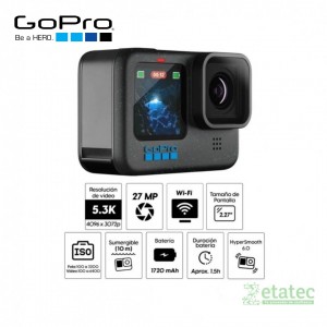 "Cámara de acción GoPro Hero 12 Black con lente gran angular y resolución 5.3K"