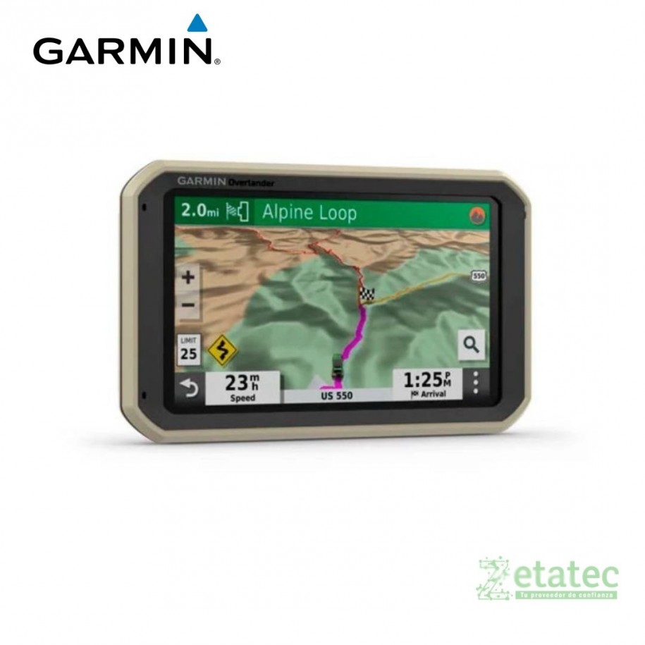 GPS Garmin Overlander todoterreno vista frontal con pantalla encendida