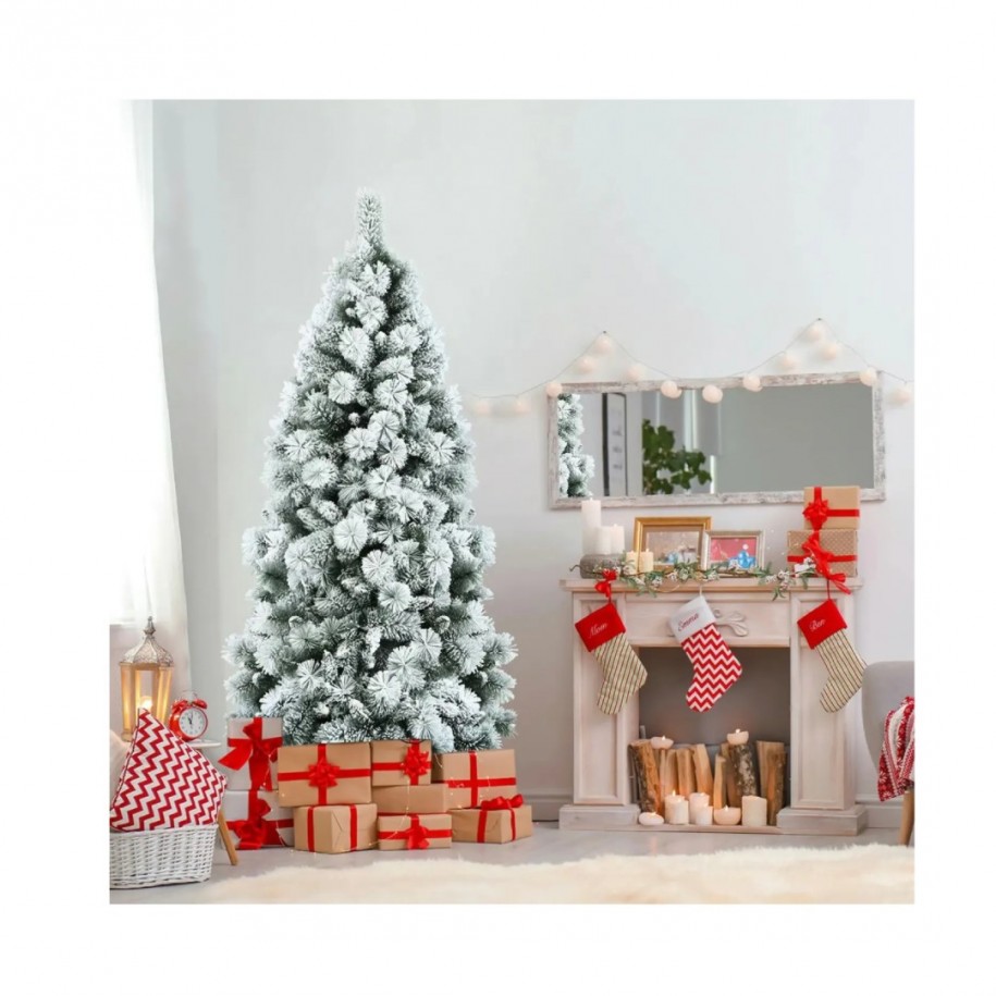 Árbol de Navidad pino coposo nevado de 1,80 metros, listo para decoración interior.