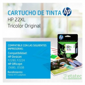Cartucho de tinta HP 22XL tricolor C9352CL original para impresoras HP