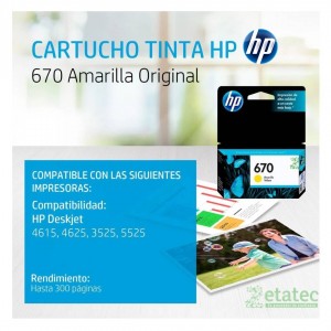 Cartucho de tinta HP 670 Amarillo CZ116AL original compatible con impresoras HP DeskJet 3525 4615 4625 5525