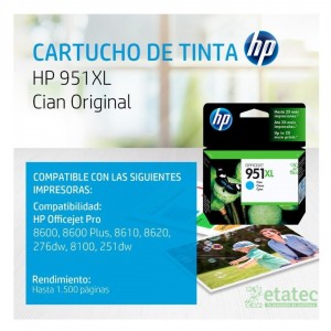 Cartucho de tinta HP 951XL cian CN046AL original para impresoras HP OfficeJet Pro